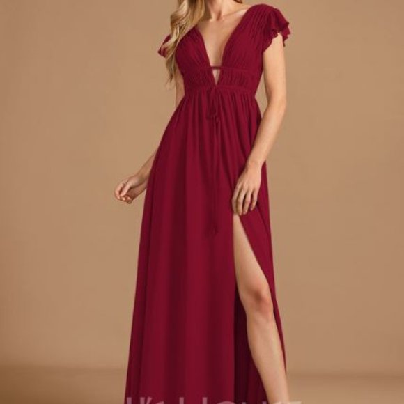 JJ's House Burgundy A-line Deep V Floor-Length Chiffon Formal Dress Sz 8 269486 - Picture 2 of 9